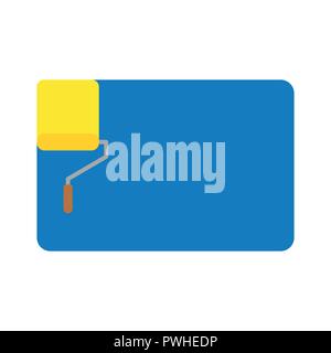 Illustrazione Vettoriale icona concetto di vernice gialla spazzola a rullo pittura parete blu. Illustrazione Vettoriale