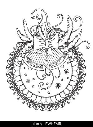 Natale Mandala Coloring page. Adulto libro da colorare. Holiday decor, campane, palle e nastri. Disegnata a mano illustrazione vettoriale. Illustrazione Vettoriale