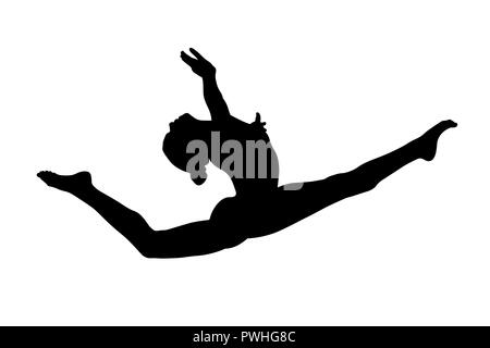 Grazioso split leap ginnasta femmina nella ginnastica artistica Foto Stock