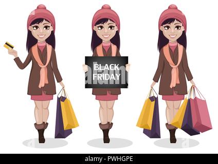 Venerdì nero. Bella ragazza, set di tre pose. Personaggio dei fumetti donna azienda borse per lo shopping e le carte di credito, banner di contenimento e trattenimento sacchetto di carta Illustrazione Vettoriale
