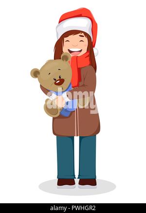 Auguri di Buon Natale. Ragazza carina a Santa Claus hat holding Teddy bear, personaggio dei cartoni animati. Utilizzabile per biglietto di auguri, poster, flyer. Illustrazione Vettoriale su w Illustrazione Vettoriale