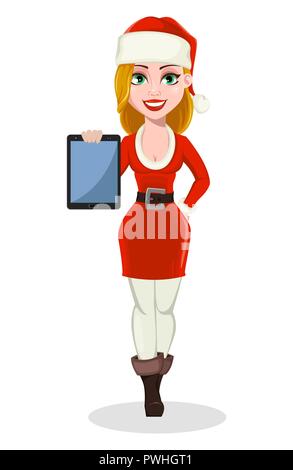 Auguri di Buon Natale. Bella donna di Santa Claus costume. Allegro personaggio dei fumetti tenendo compressa. Utilizzabile per biglietto di auguri, banner, poster, flyer. V Illustrazione Vettoriale
