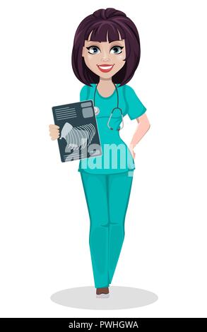 Veterinario donna. Cartoon carino carattere, femmina professionale medico IFP detiene x-ray shot. Illustrazione Vettoriale su sfondo bianco. Illustrazione Vettoriale