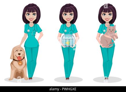 Veterinario donna, set di tre pose. Cartoon carino carattere, femmina professionale medico veterinario si erge con il cane, detiene acquario con pesci e trattiene cat Illustrazione Vettoriale