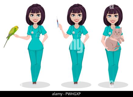 Veterinario donna, set di tre pose. Cartoon carino carattere, femmina professionale medico IFP detiene il pappagallo, detiene la siringa e detiene cat. Vector illus Illustrazione Vettoriale