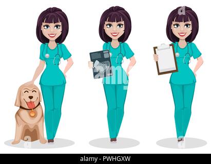 Veterinario donna, set di tre pose. Cartoon carino carattere, femmina professionale medico veterinario si erge con il cane, detiene x-ray shot e detiene negli appunti. Illustrazione Vettoriale