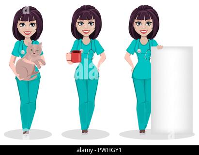 Veterinario donna, set di tre pose. Cartoon carino carattere, femmina professionale medico IFP detiene il gatto, detiene una tazza di caffè e sorge vicino al grande bl Illustrazione Vettoriale