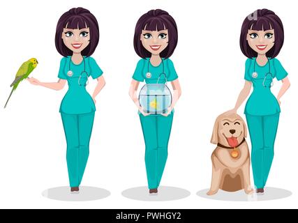 Veterinario donna, set di tre pose. Cartoon carino carattere, femmina professionale medico IFP detiene il pappagallo, detiene acquario con pesci e bancarelle con Illustrazione Vettoriale