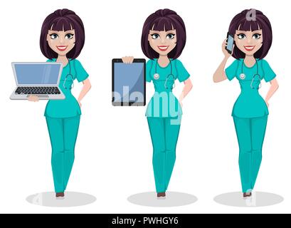 Veterinario donna, set di tre pose. Cartoon carino carattere, femmina professionale medico IFP detiene il laptop, detiene il tablet e smartphone tiene. Vettore Illustrazione Vettoriale