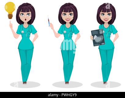 Veterinario donna, set di tre pose. Cartoon carino carattere, femmina professionale medico veterinario ha una buona idea, detiene la siringa e la tiene x-ray shot. Ve Illustrazione Vettoriale