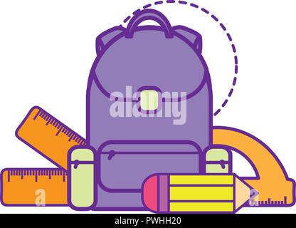 Borsa scuola con matita e regole icona isolato illustrazione vettoriale design Illustrazione Vettoriale