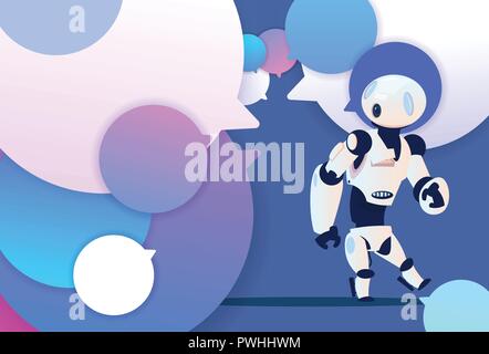 Robot profilo idea nuova chat support su bolle sfondi, intelligenza artificiale icona cartoon a piena lunghezza flat Illustrazione Vettoriale