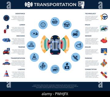 Vettore digitale trasporto assistito e parcheggio sistema di rilevamento e la rete di comunicazione wireless semplice set di icone di raccolta stile piatto infographi Illustrazione Vettoriale