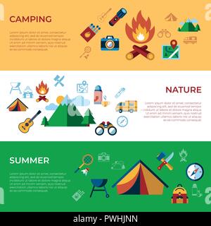 Vettore digitale il campeggio estivo viaggi e attività sportive semplice set di icone di raccolta stile piatto infographics Illustrazione Vettoriale