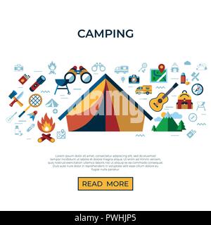 Vettore digitale il campeggio estivo attività sportive semplice set di icone di raccolta stile piatto infographics Illustrazione Vettoriale