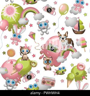 Seamless pattern in stile cartoon con giocattoli, animali domestici, dolci, gelati, palloncini. Concetto di bambino texture di sfondo. Illustrazione Vettoriale