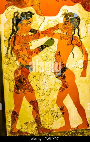 Antica pugilato pugili bambini affresco Museo Archeologico Nazionale Atene Grecia. Dalle rovine di Akrotiri Santorini Isola Grecia del XVI secolo A.C. Foto Stock