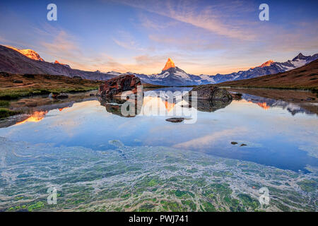 Il Cervino si riflette nel lago Stellisee all'alba zermatt Alpi Pennine Cantone del Vallese Svizzera Europa Foto Stock