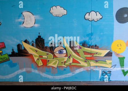 Graffiti su una parete in un sottopassaggio. Fotografato sul fiume Inn cycling path, Tirolo, Austria Foto Stock