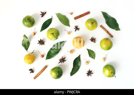 In stile natalizio composizione madre. Tangerine agrumi e foglie, bastoncini di cannella, anice stelle e un po' di mele sul tavolo bianco sullo sfondo. Chris Foto Stock