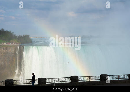 NIAGARA Falls, Ontario, Canada - 21 Maggio 2018: Spettacolare rainbow al lato canadese delle Cascate del Niagara con cascate Horseshoe in background Foto Stock