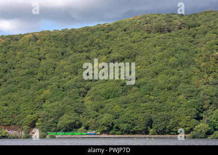 Motore a vapore e carrozze da Llanberis Lake Railway la cottura a vapore lungo accanto al lago Llynpadarn, Llanberfis Foto Stock