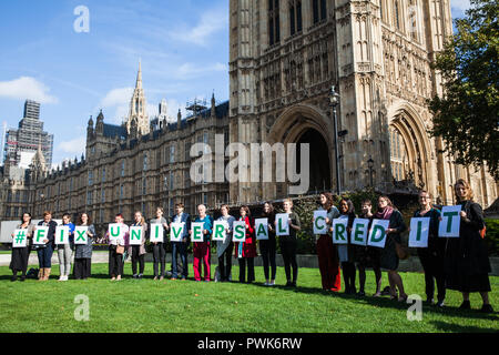 Londra, Regno Unito. 16 ottobre, 2018. Gli attivisti da fame UK stand al di fuori del parlamento di Westminster per chiamare il governo universale Sistema di Credito per essere fissato. È stato annunciato oggi dal governo che l'implementazione del sistema controverso sarebbe ulteriormente ritardata. Credito: Mark Kerrison/Alamy Live News Foto Stock