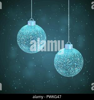 Set di 2 vector blu argento sfavillavano palle di Natale su sfondo blu scuro con effetto bokeh di fondo Illustrazione Vettoriale