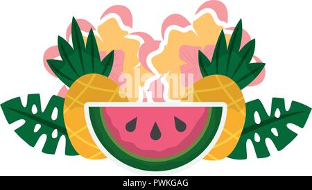 Anguria ananas e fiori estate tropicale illustrazione vettoriale Illustrazione Vettoriale