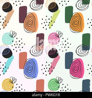 Digitalmente astratta disegnata a mano seamless pattern in semplicemente bellissimo stile scandinavo. Set di 4 sfondi. Ornamenti colorati su sfondo chiaro. Illustrazione Vettoriale