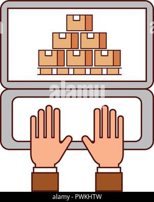 Pratico computer portatile con i pacchetti di logistica di magazzino illustrazione vettoriale Illustrazione Vettoriale
