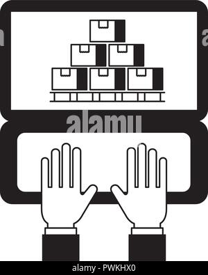Pratico computer portatile con i pacchetti di logistica di magazzino illustrazione vettoriale Illustrazione Vettoriale