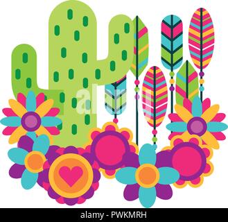 Cactus fiori piume retrò stile hippie illustrazione vettoriale Illustrazione Vettoriale