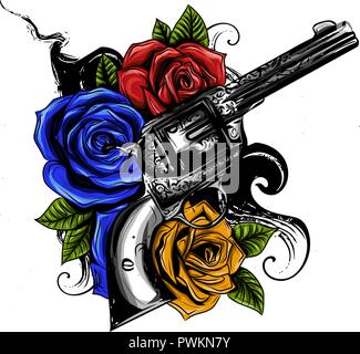 Pistole e rose fiori disegnati in stile tatuaggio. Illustrazione Vettoriale. Illustrazione Vettoriale