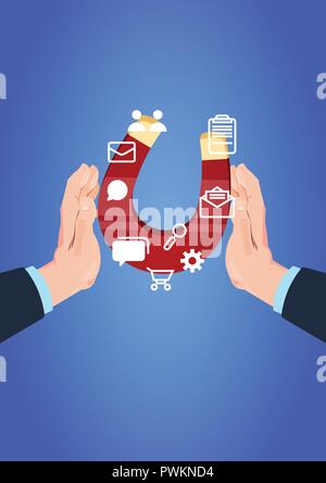 Tenere in mano il magnete icona di comunicazione trazione. Il supporto delle chat di concetto di elaborazione su sfondo blu design piatto Illustrazione Vettoriale