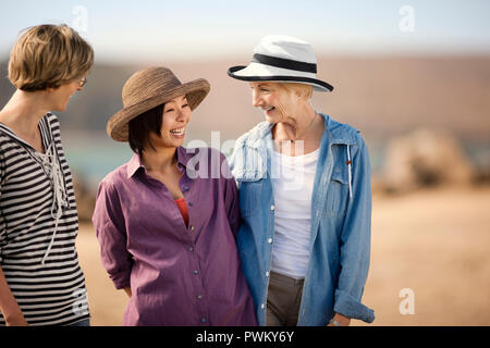 Happy amici camminando su una spiaggia. Foto Stock