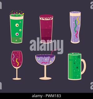 Serie di cocktail Halloween icone, spooky bevande con bulbi oculari, spider, worm, bolle e altri simboli raccapricciante. Elementi, oggetti per carta vacanze, hol Illustrazione Vettoriale