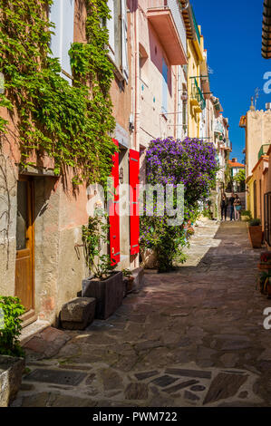 Collioure (sud della Francia): lane confina con colorate facciate di case nella città vecchia Foto Stock