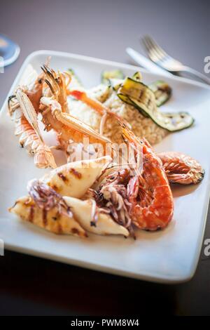 Un piatto grill con calamari, scampi e scampi Foto Stock