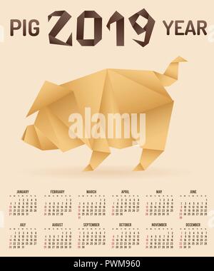 Il Capodanno cinese 2019 suini Calendario Origami Illustrazione Vettoriale