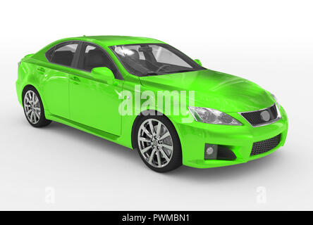 Auto isolato su bianco - vernice verde, vetro trasparente - anteriore - Vista lato destro - il rendering 3D Foto Stock