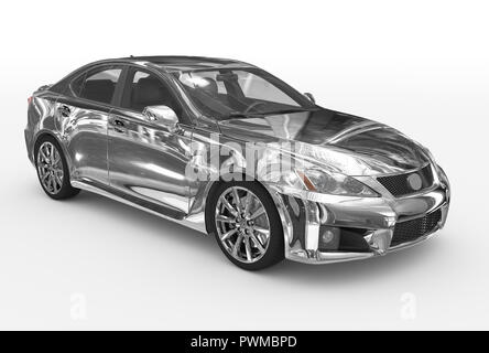 Auto isolato su bianco - cromo, vetro trasparente - anteriore - Vista lato destro - il rendering 3D Foto Stock