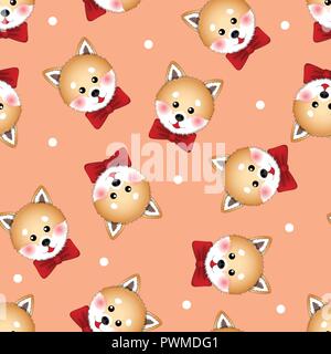 Shiba Inu cane con nastro rosso. su bianco Polka Dot sfondo arancione. Illustrazione Vettoriale. Illustrazione Vettoriale