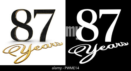 Numero aureo ottanta sette (numero 87) e l'iscrizione anni con ombra e canale alfa. 3D'illustrazione. Foto Stock