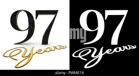 Golden numero novanta sette (numero 97) e l'iscrizione anni con ombra e canale alfa. 3D'illustrazione. Foto Stock
