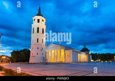 Piazza della Cattedrale di Vilnius, vista panoramica di notte della Cattedrale di Vilnius e il campanile di Belfry nella piazza principale della città, la Lituania. Foto Stock