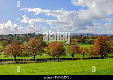 Bellissimi colori autunnali nel Bellahouston Park che è un parco pubblico sul lato sud di Glasgow, Scozia, tra le zone di Craigton, Dumbreck Foto Stock