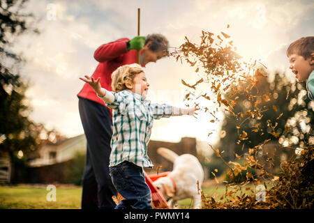 Nonna a rastrellare foglie con nipoti. Foto Stock