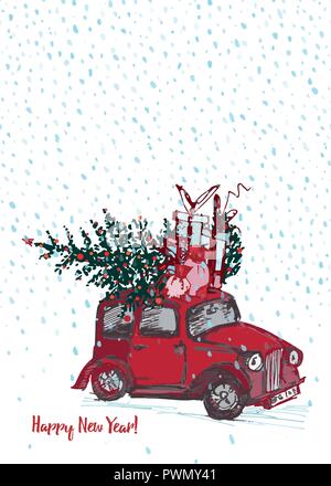 Festive Anno Nuovo 2019 card. Auto rossa con abete decorato bilie rosse sul bianco della neve sullo sfondo Illustrazione Vettoriale