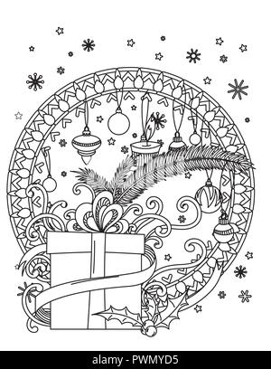 Natale Mandala Coloring page. Adulto libro da colorare. Holiday decore, doni, sfere e ribbond. Disegnata a mano illustrazione vettoriale. Illustrazione Vettoriale
